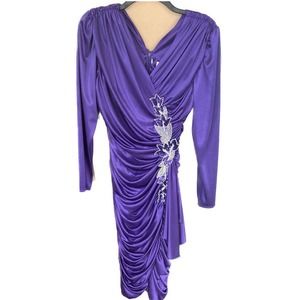 Women's 80's Style Ruched Long Sleeve Purple Dress Costume Vintage Size Med.
